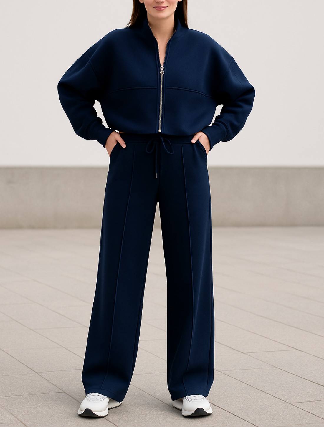 Tweedelige Rrainingspak Set Voor Dames, Sweatshirtjas Met Rits En Broek Met Wijde Pijpen En Trekkoord, Casual Sportkleding Outfit | VIQA VIQA© NEDERLAND