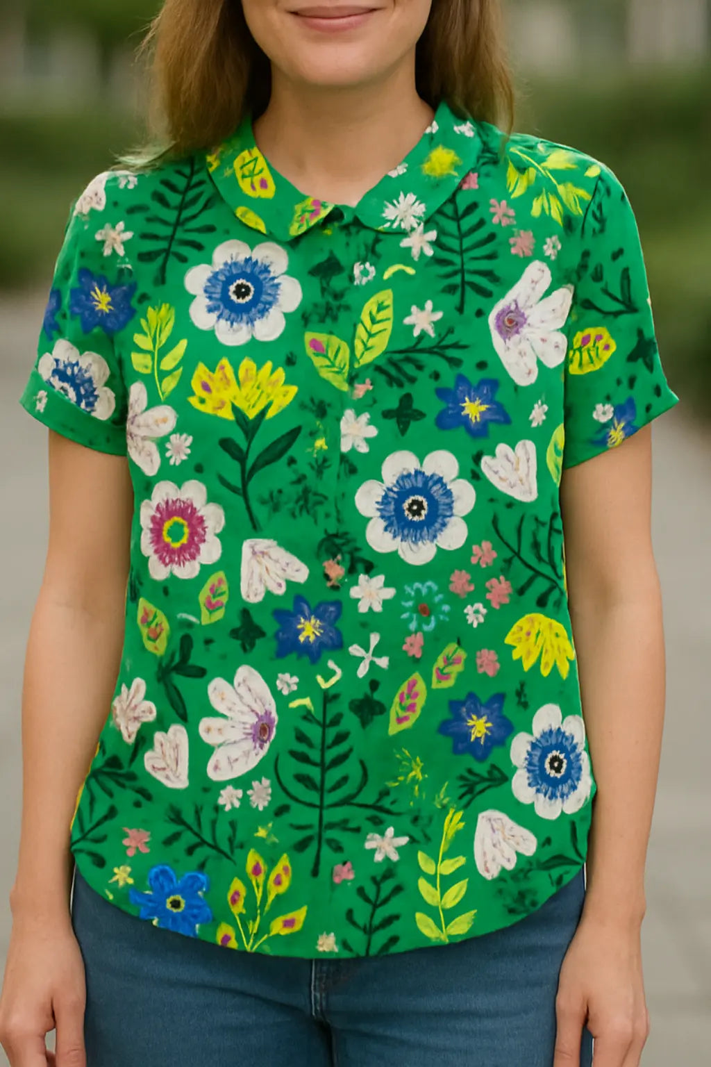Dames Linnen Bloemen Shirt, Lichtgewicht Korte Mouw Kap Blouse Met Print, Casual Top | VIQA VIQA© NEDERLANDGroen / 2XL