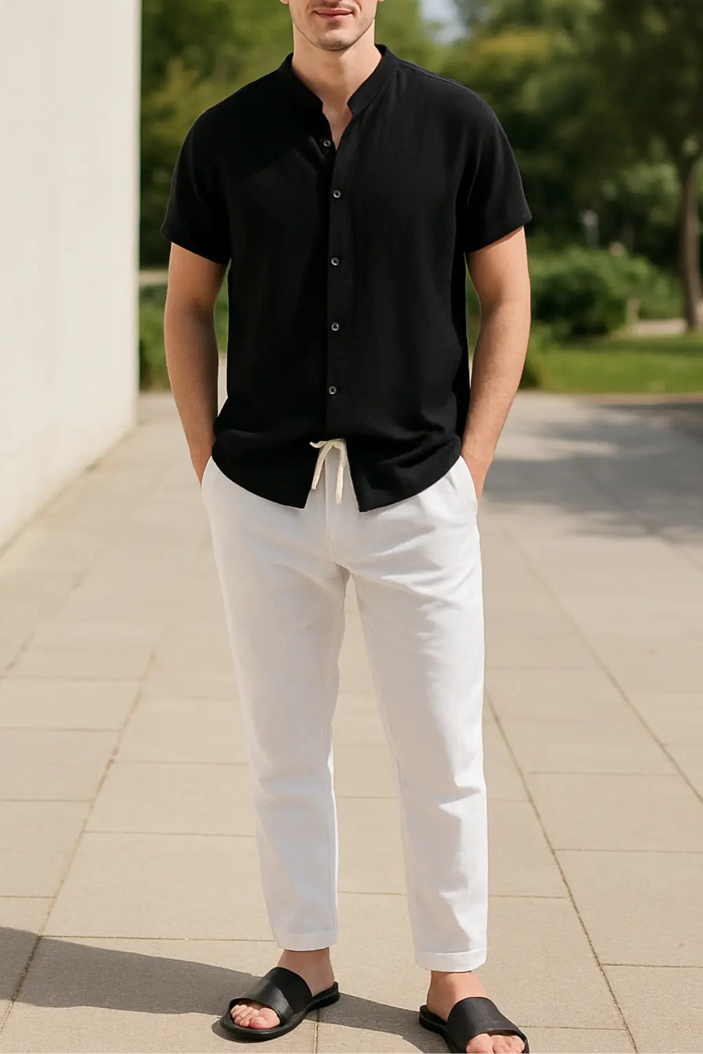 Heren Zomer Tweedelige Set, Katoen-Linnen Shirt Met V-hals En Lange Mouwen En Broek Met Trekkoord, Casual Outfit | VIQA VIQA© NEDERLANDZwart-2XL