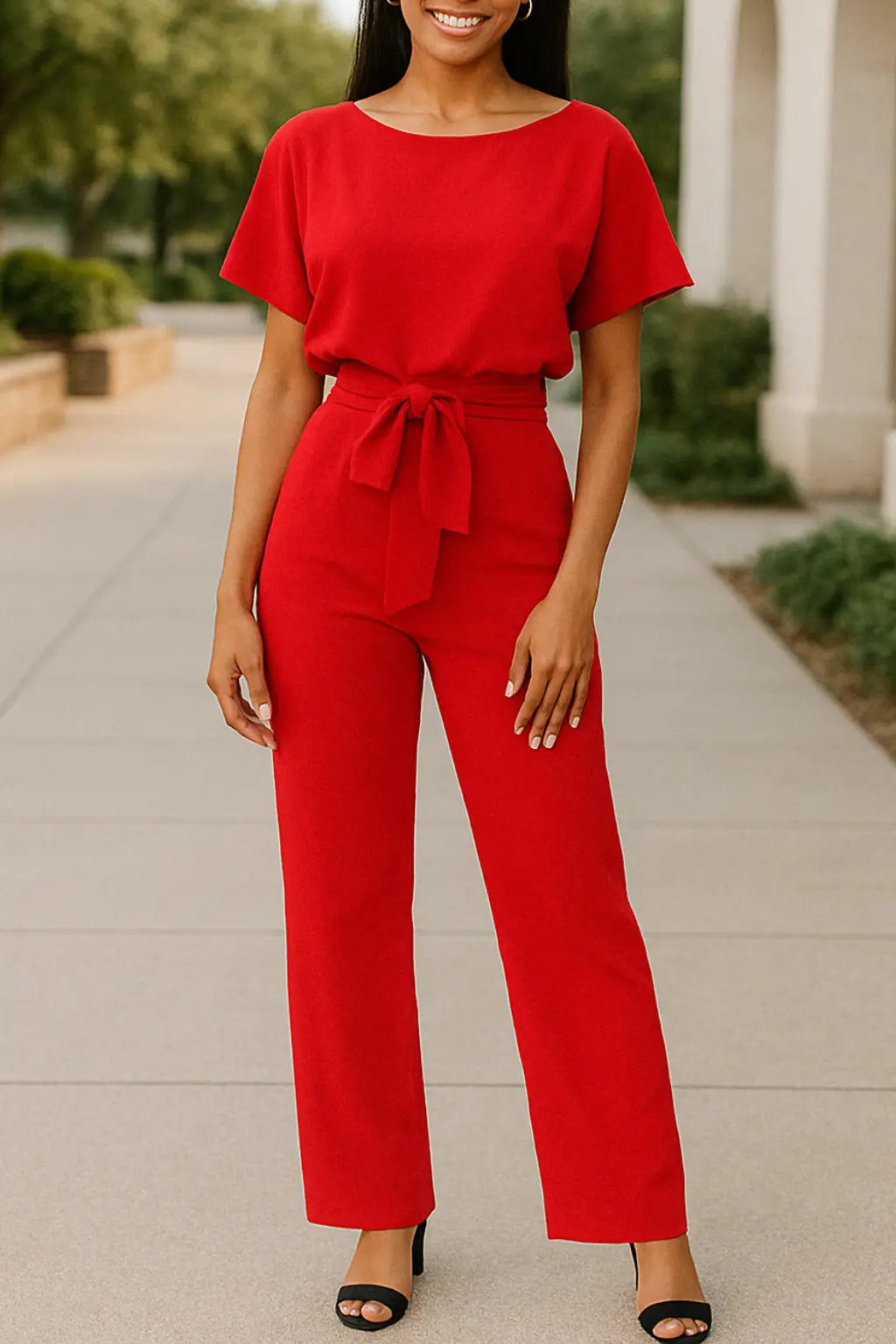 Zomerse Jumpsuit Voor Dames, Elegante Jumpsuit Met Korte Mouwen En Wijde Pijpen, Outfit Met Holle Tailleband | VIQA VIQA© NEDERLANDRood-2XL