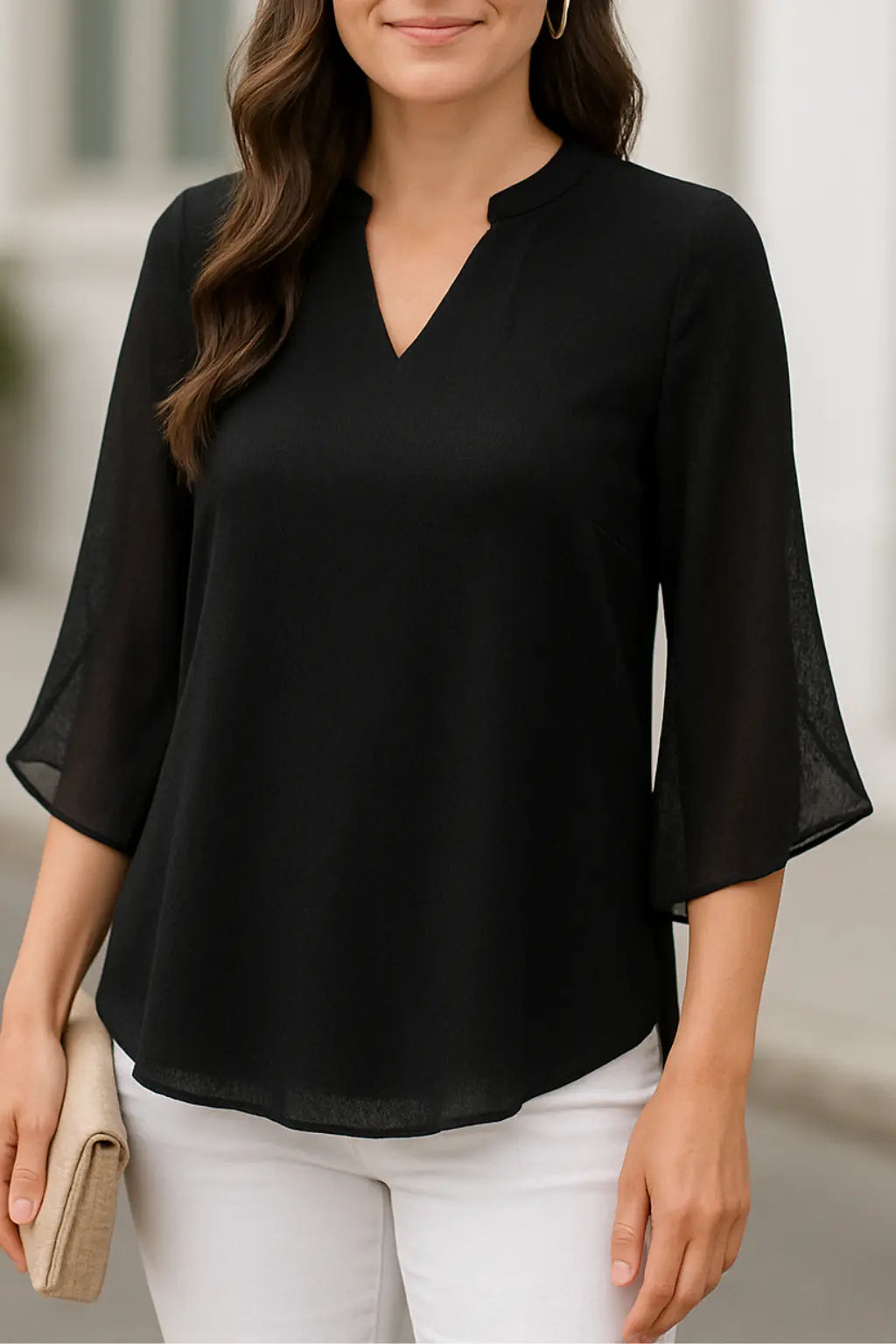 Dames Chiffon V-Hals Top, Los Fit Zomer T-Shirt Met Bloemblaadjes Mouwen, Lichtgewicht Casual Blouse | VIQA VIQA© NEDERLANDZwart / 2XL