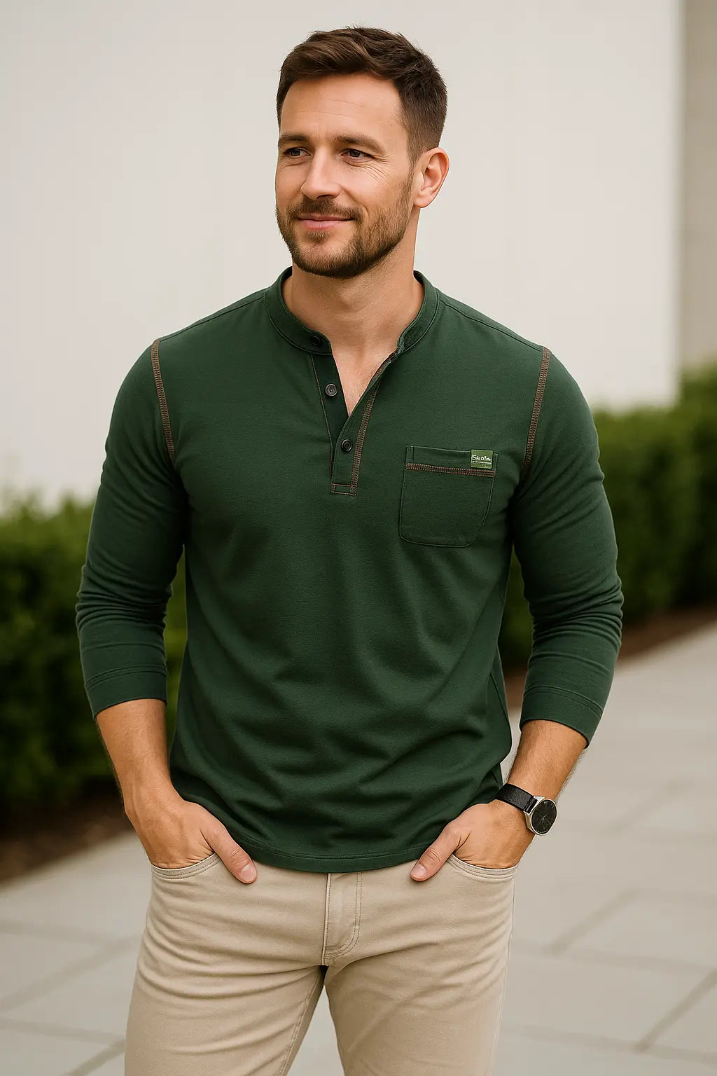 Heren Henley Shirt Met Lange Mouw, Katoenen Pullover T-shirt Met Zak, Casual Top | VIQA VIQA© NEDERLAND