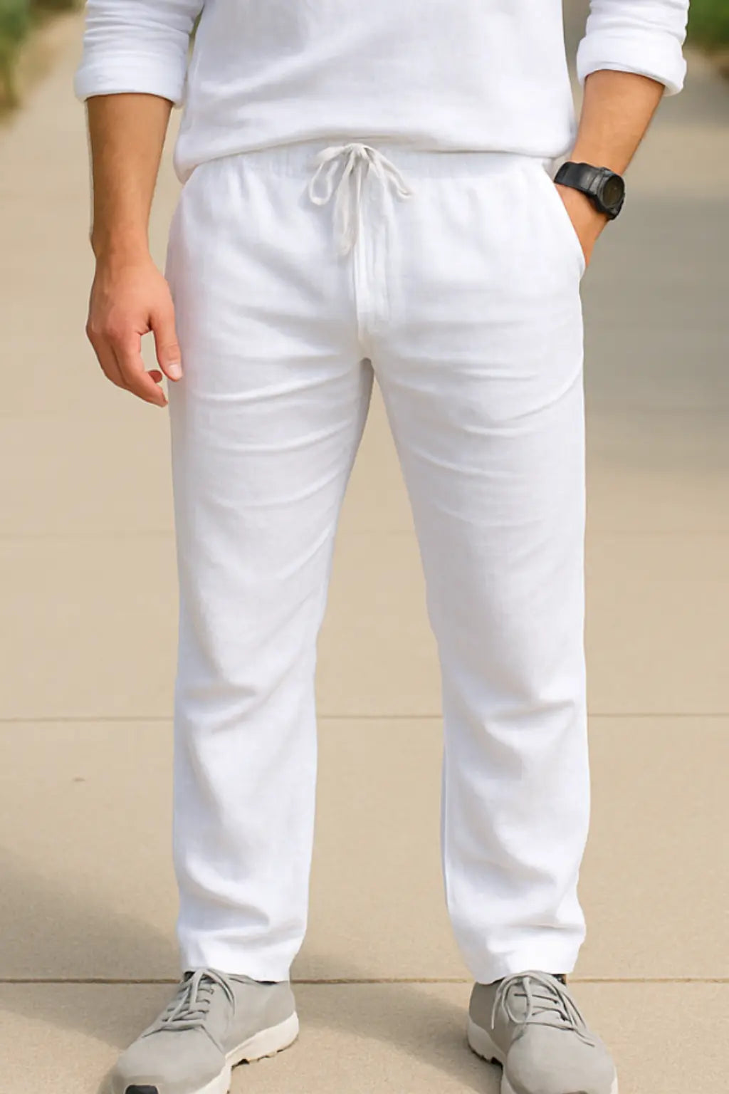 Linnen Herenbroek, Zomerse Ademende Casual Broek, Effen Kleur, Elastische Taille VIQA VIQA© NEDERLANDWit / 2XL