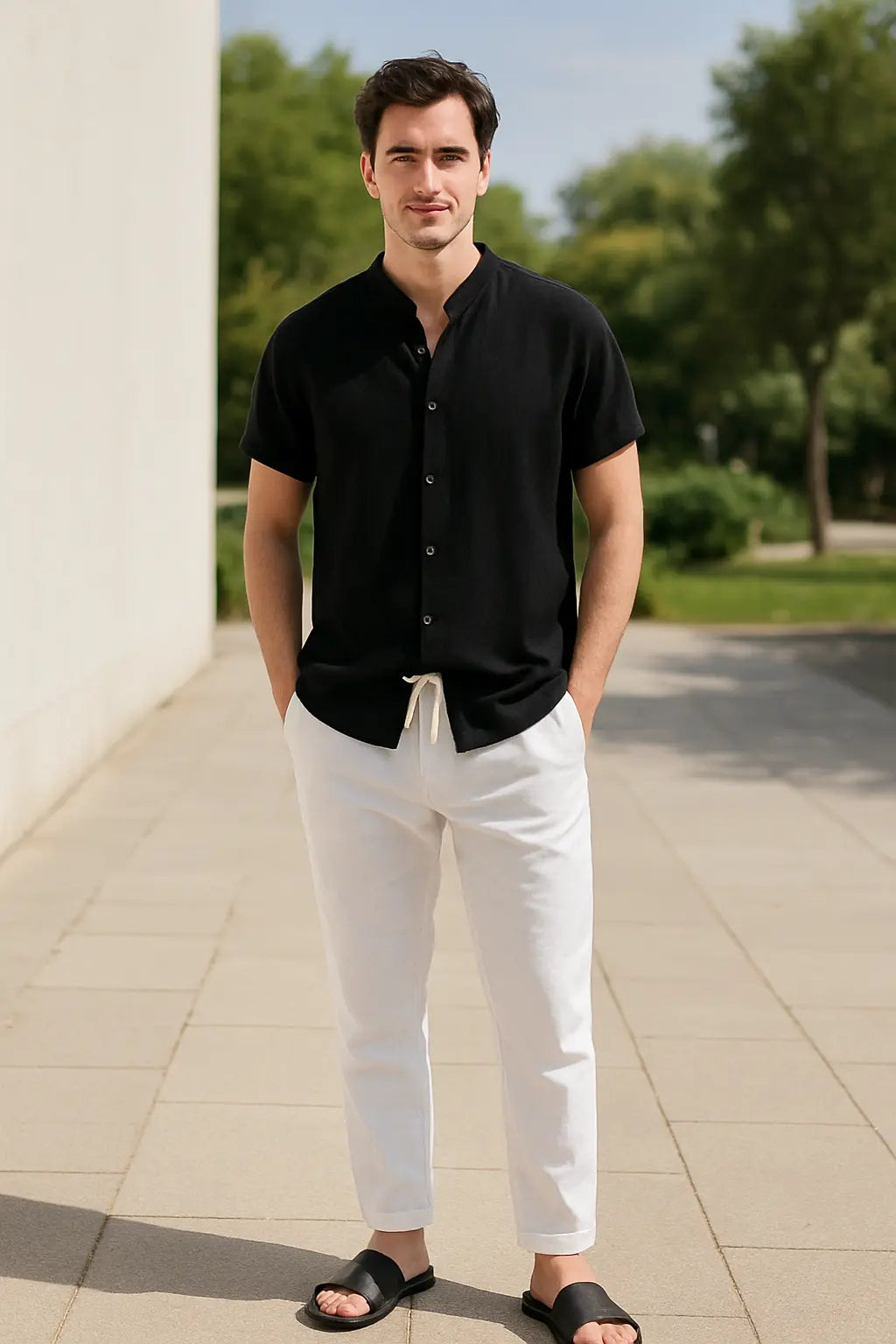 Heren Zomer Tweedelige Set, Katoen-Linnen Shirt Met V-hals En Lange Mouwen En Broek Met Trekkoord, Casual Outfit | VIQA VIQA© NEDERLAND