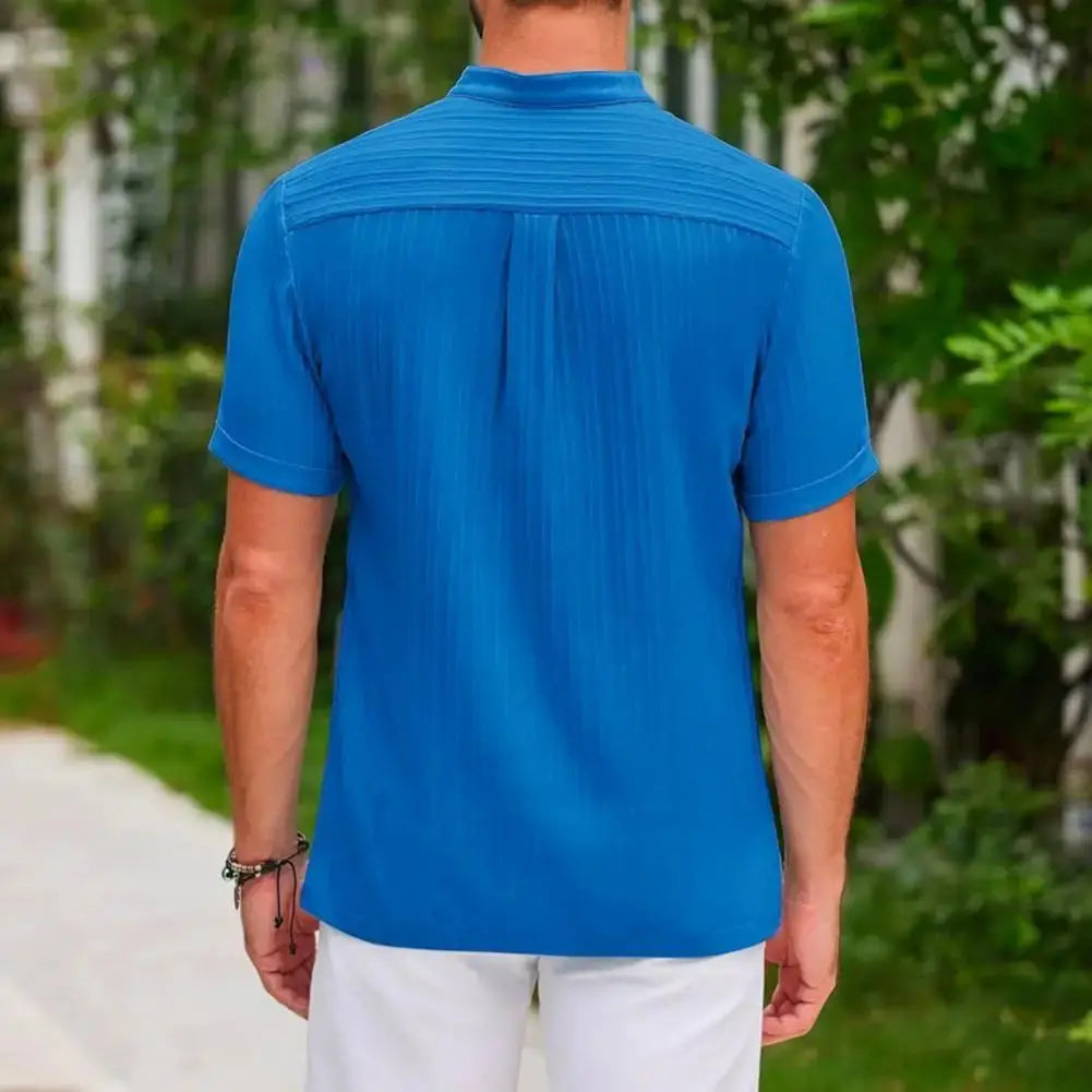 Heren Geborduurd Gestreept Katoenen Henry Overhemd VIQA© NEDERLAND