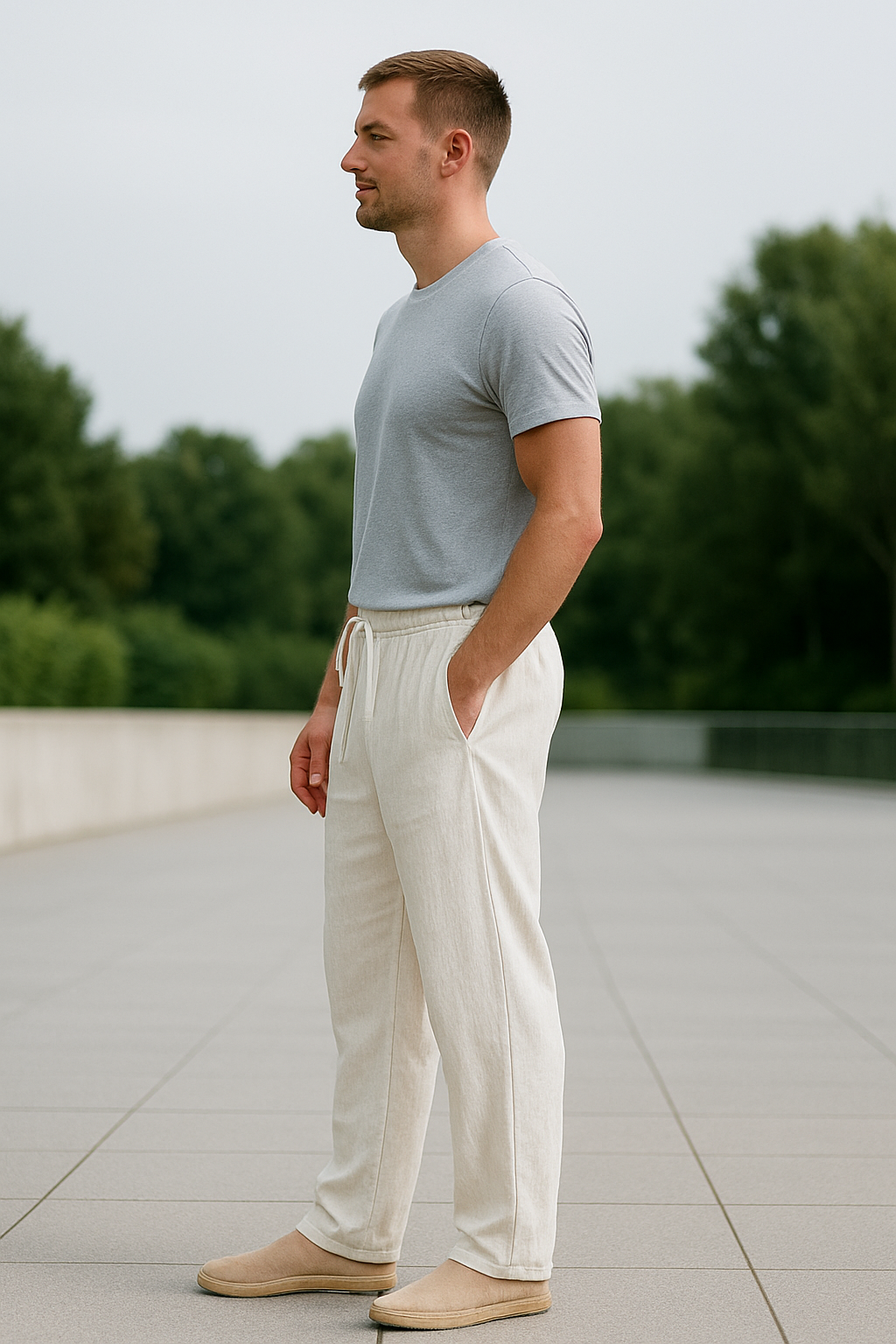 Herenbroek Van Katoen En Linnen, Effen Minimalistische Casual Broek Met Trekkoord En Rechte Pijpen | VIQA VIQA© NEDERLAND