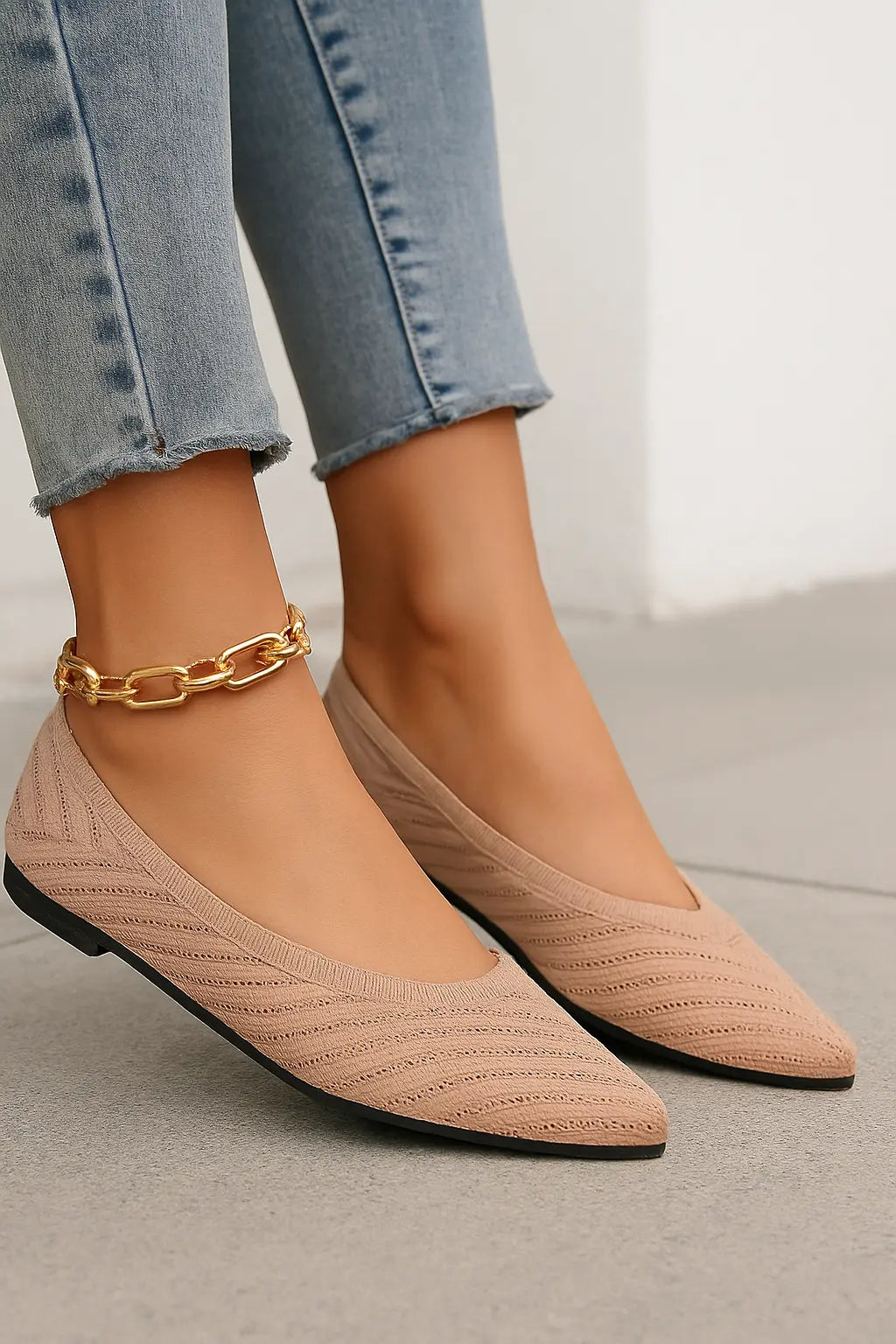 Dames Puntige Teen Platte Schoenen, Ademend Gebreide Slip-On Ballet Instappers, Casual Effen Kleur Schoenen | VIQA VIQA© NEDERLANDKaki / 43