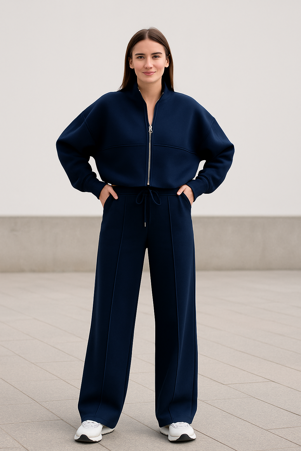 Tweedelige Rrainingspak Set Voor Dames, Sweatshirtjas Met Rits En Broek Met Wijde Pijpen En Trekkoord, Casual Sportkleding Outfit | VIQA VIQA© NEDERLAND