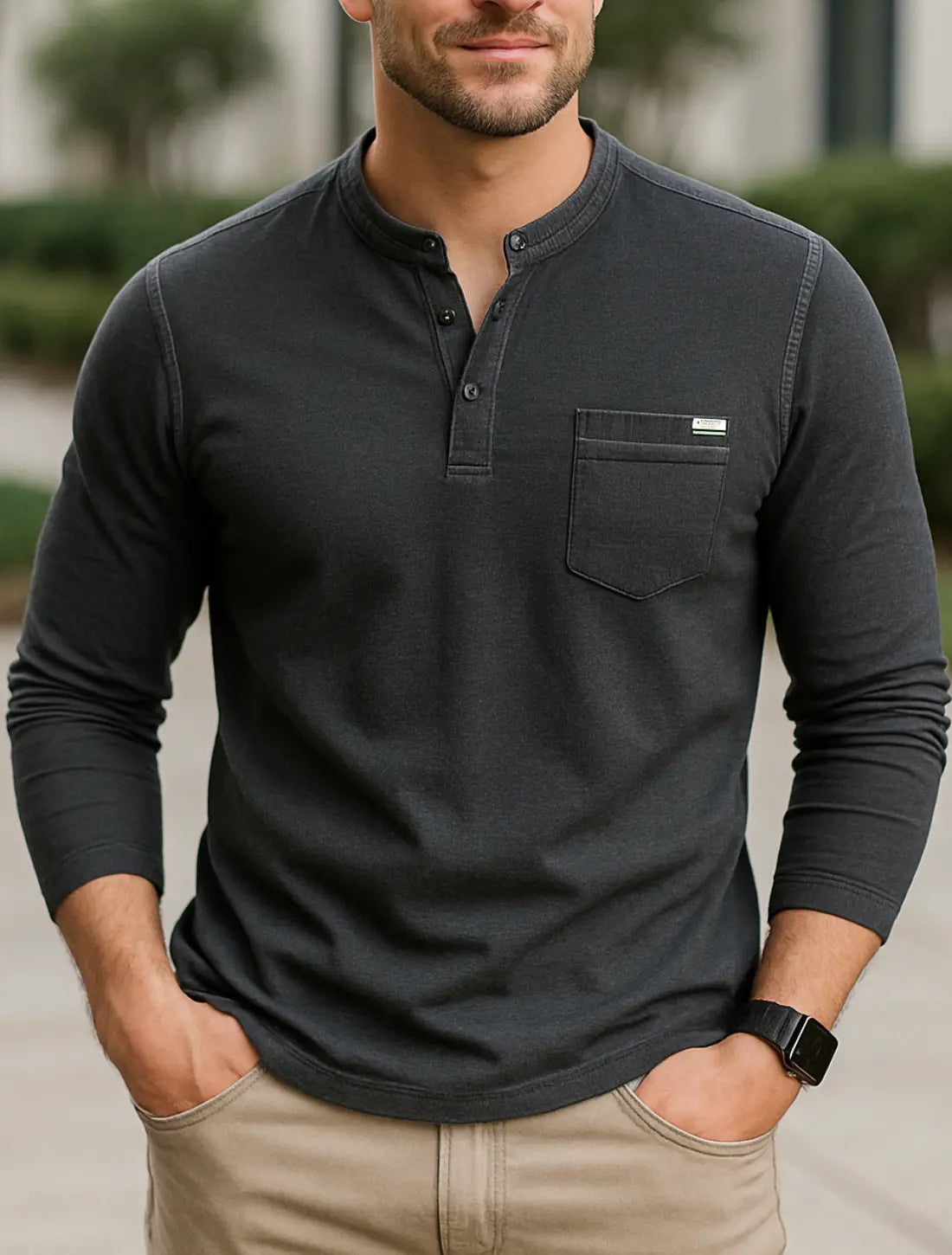 Heren Henley Shirt Met Lange Mouw, Katoenen Pullover T-shirt Met Zak, Casual Top | VIQA VIQA© NEDERLANDGrijs-2XL