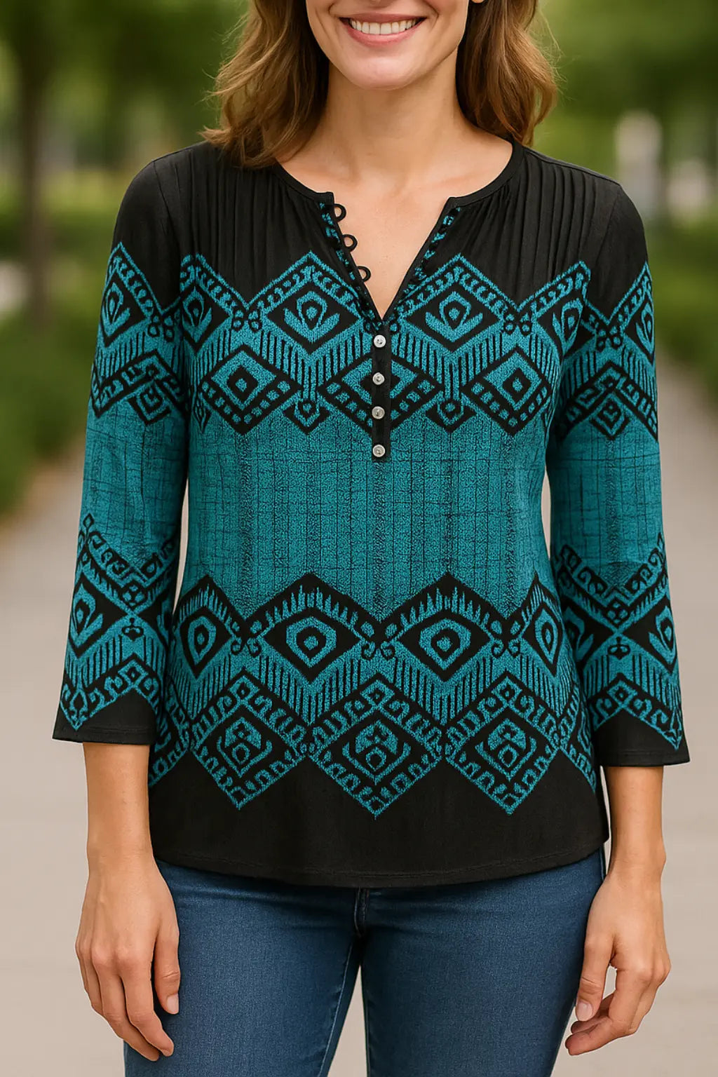 Dames Elegant Gedrukte Blouse, Casual Lange Mouwen Stijlvol Overhemd Top | VIQA VIQA© NEDERLANDZwart-Blauw / 2XL