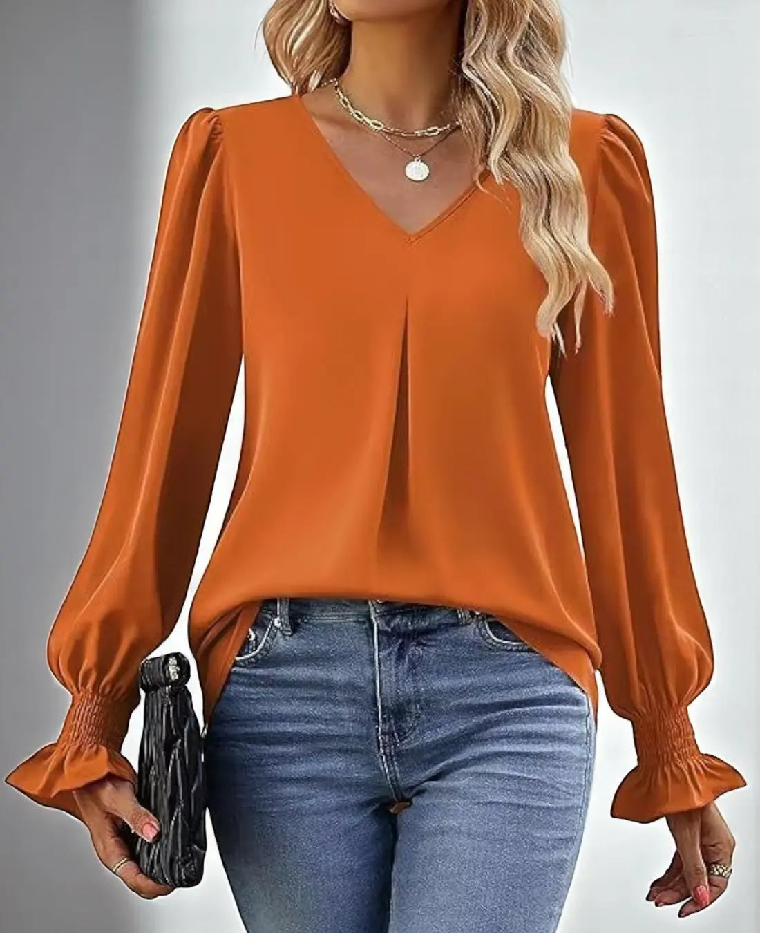 Nina Dames Oranje Blouse Met Lange Mouwen En Diepe V-Hals VIQA© NEDERLAND