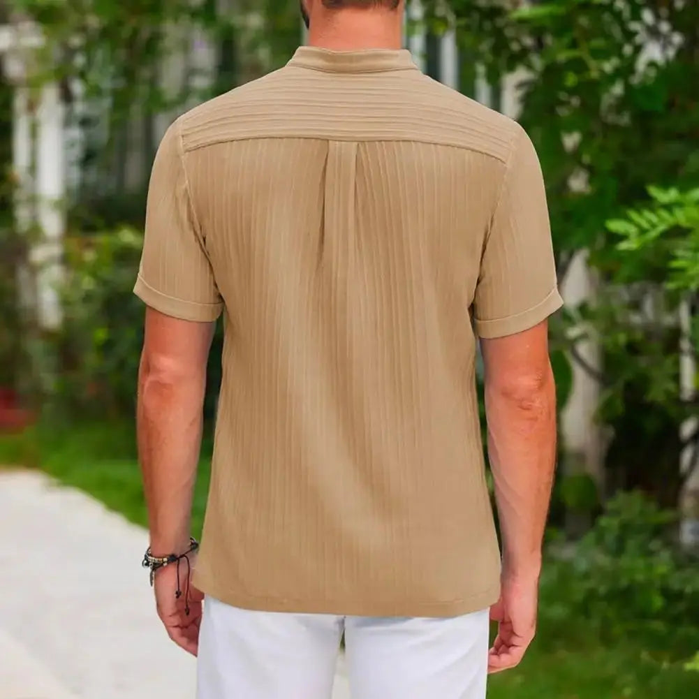 Heren Geborduurd Gestreept Katoenen Henry Overhemd VIQA© NEDERLANDKhaki-3XL