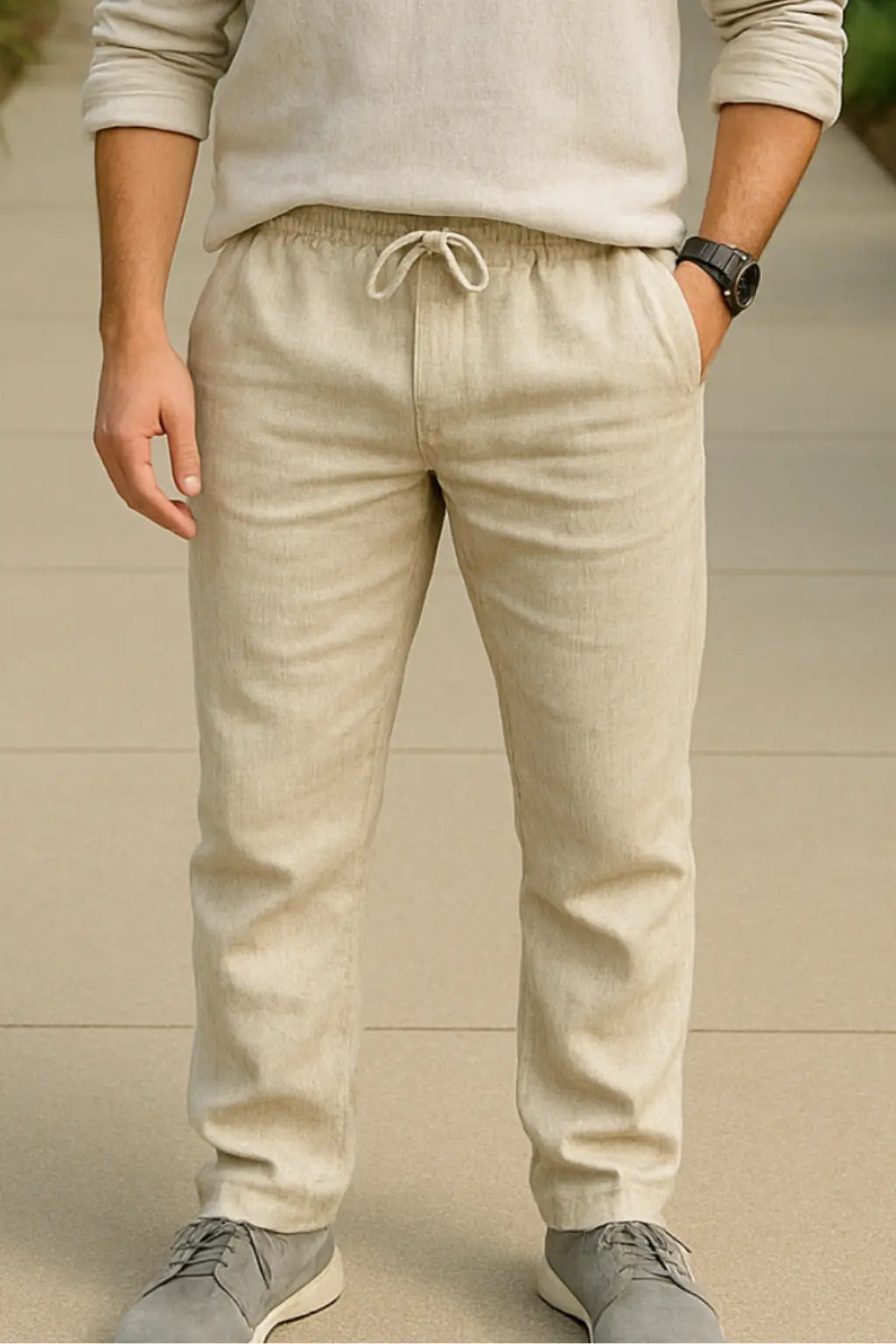 Linnen Herenbroek, Zomerse Ademende Casual Broek, Effen Kleur, Elastische Taille VIQA VIQA© NEDERLANDKaki / 2XL