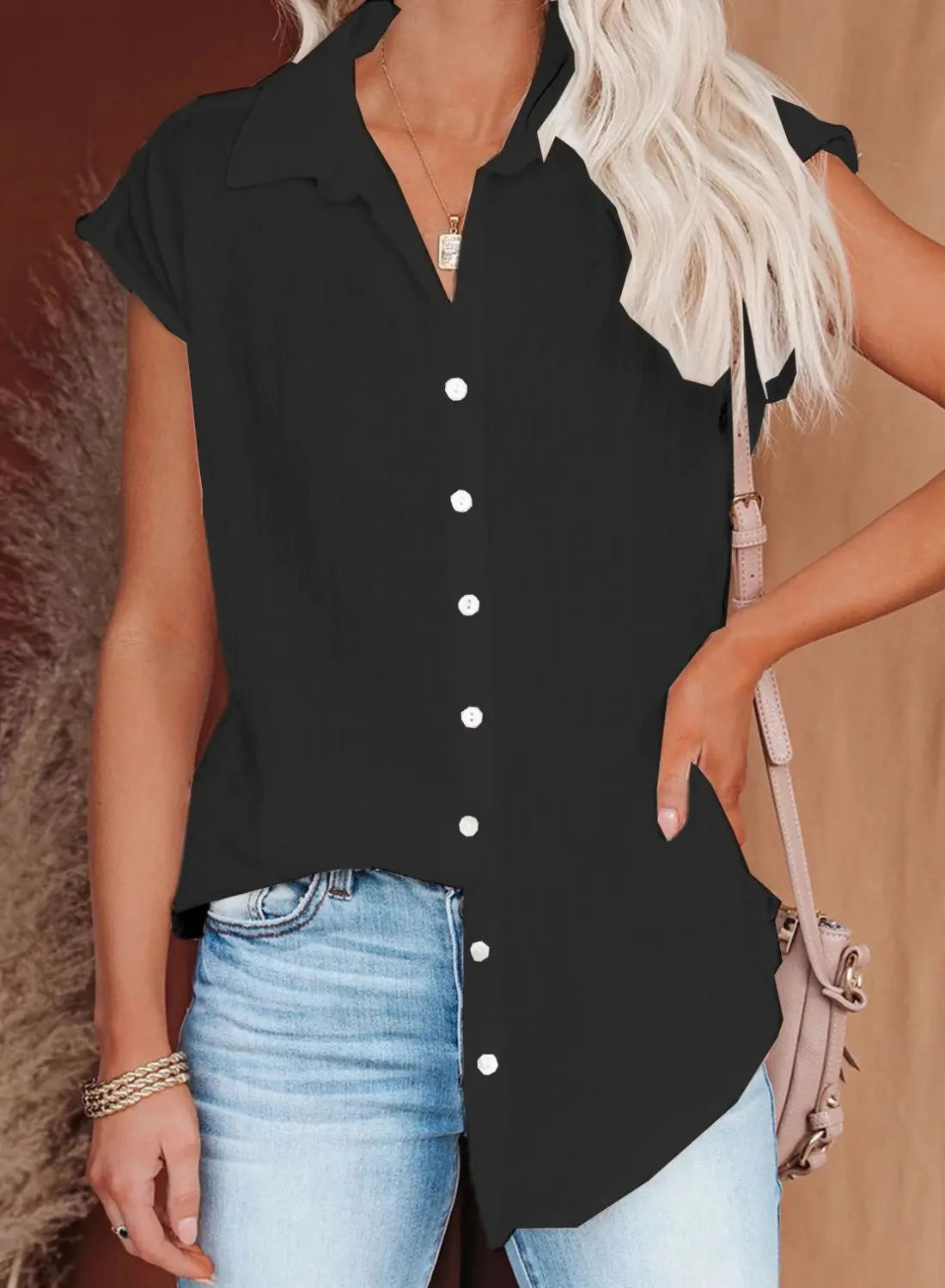 Dames Katoenen-Linnen Blouse Met Korte Mouwen VIQA© NEDERLANDZwart-2XL