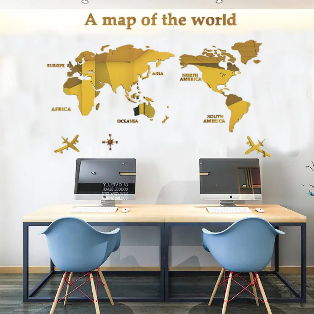 Acryl 3D Wereldkaart Muursticker Noordse Stijl | Kantoordecoratie | Slaapkamerdecoratie VIQA© NEDERLANDGouden-L-180CM-x-100CM