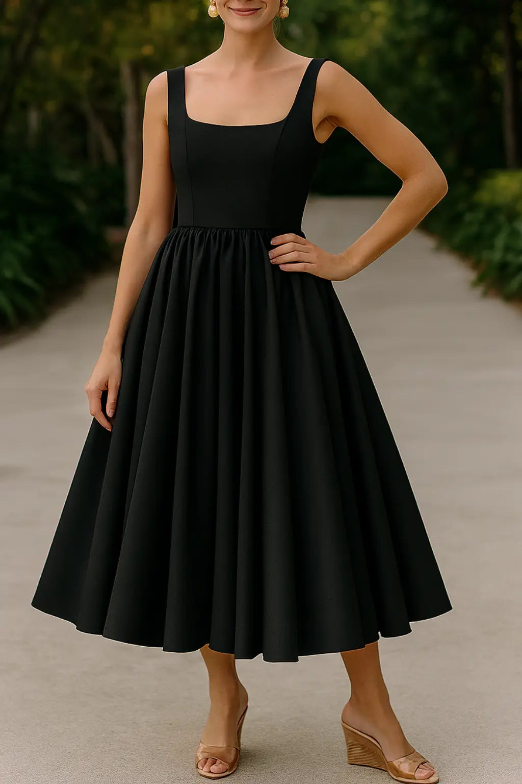 Dames Midi Jurk, Elegante Off-Shoulder Vierkante Hals Hoge Taille Partij Coctail Jurk | VIQA VIQA© NEDERLANDZwart / 2XL